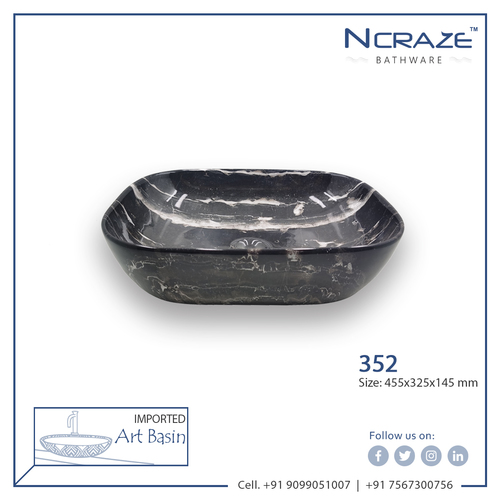 Ncraze Black Marble Ceramic Wash Basin - Ceramic, 455x325x145mm | Glossy Finish, Decorative Above Counter Design, One Piece Structure, 10kg Weight