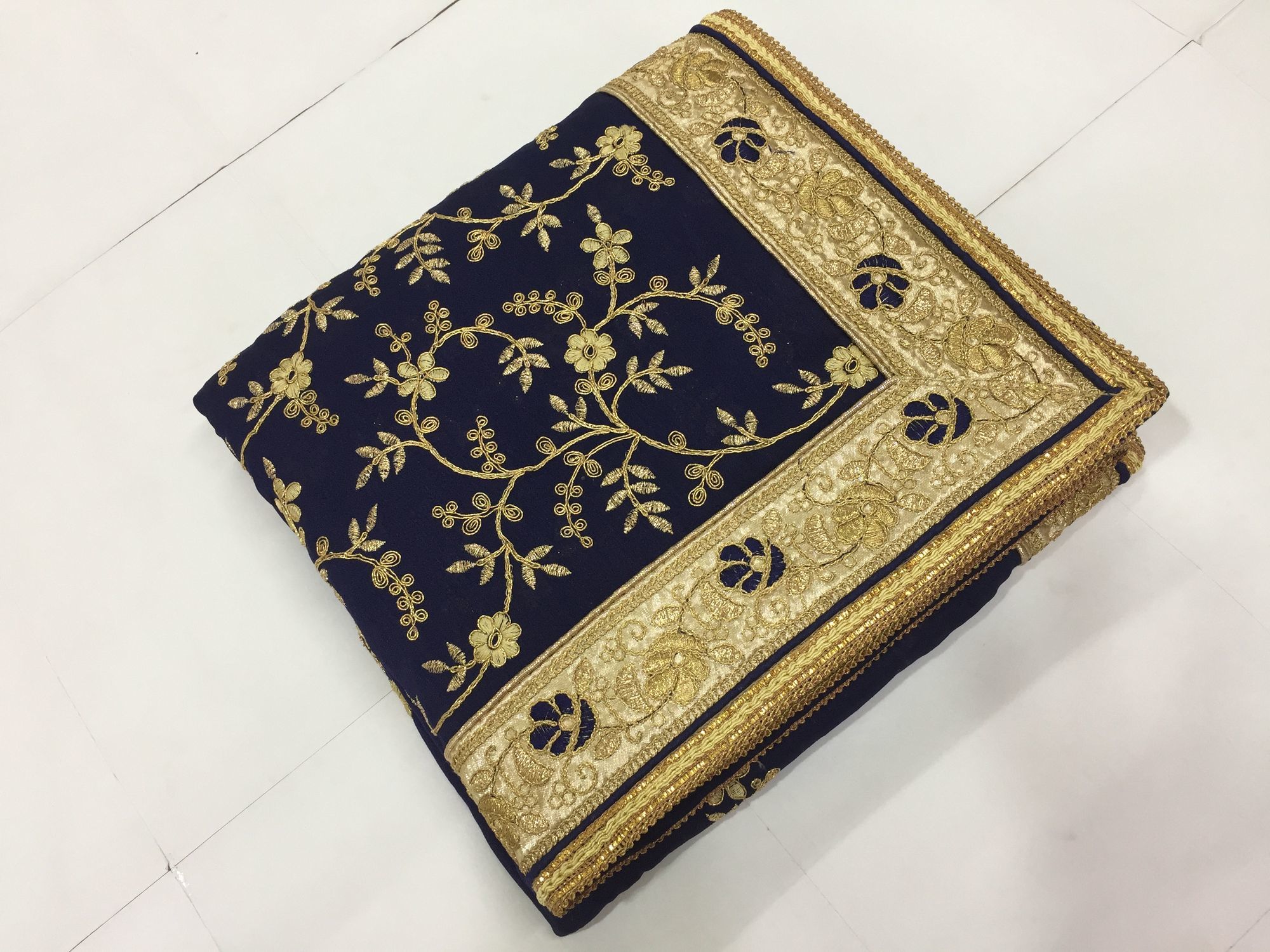 Kalamkari Embroidered Satin Saree - 5.5 Mtr Length With Unstitched Blouse, Dark Blue And Cream With Lace Border And Stone Work, Perfect For Festive And Wedding Occasions