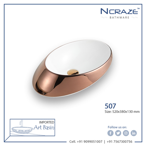 Ncraze Imported Art Wash Basin - Ceramic, 520x380x130mm | Glossy Finish, Decorative Above Counter Design, One Piece Structure, 10kg Weight