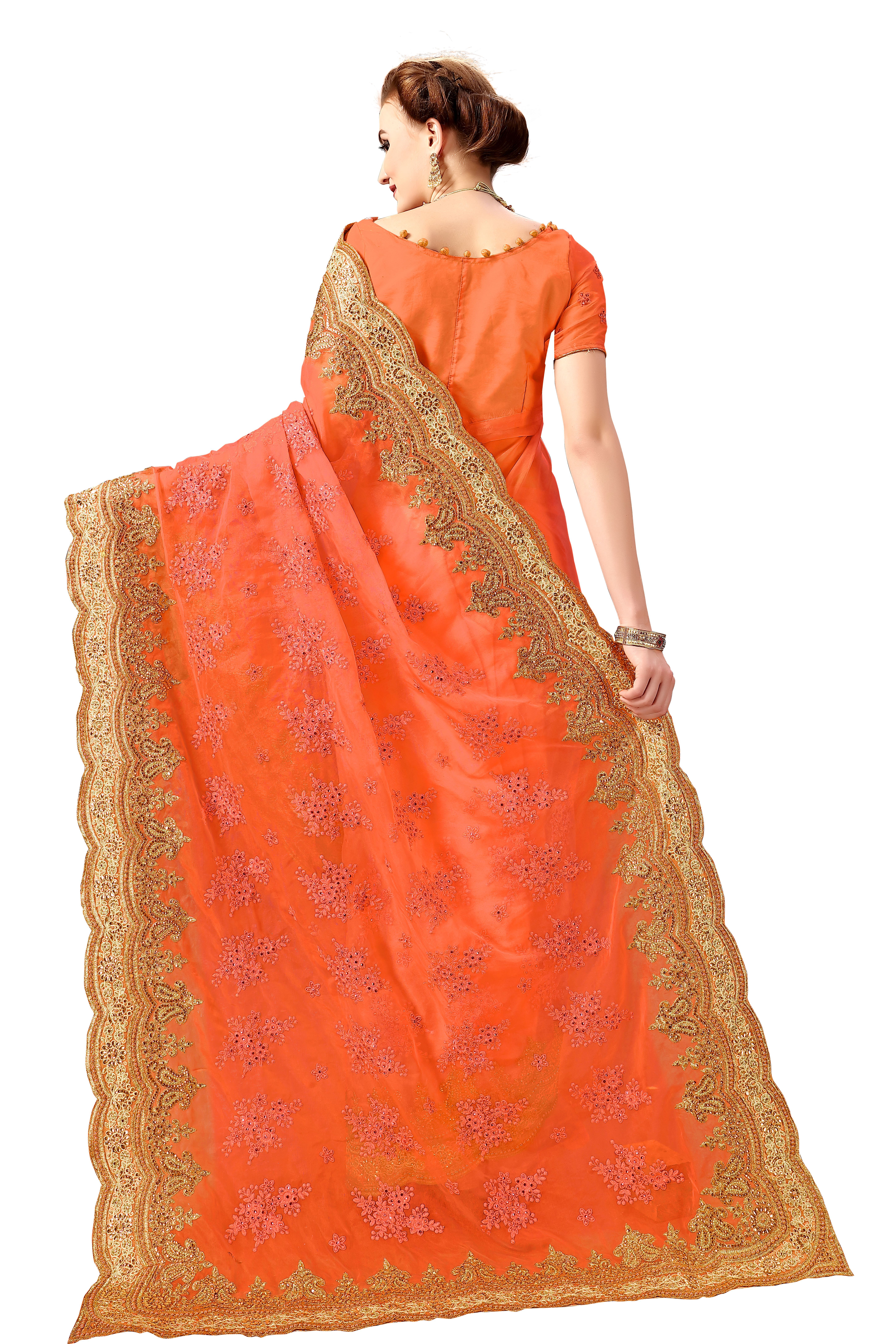 Traditional Heavy Embroidered Net Saree In Orange