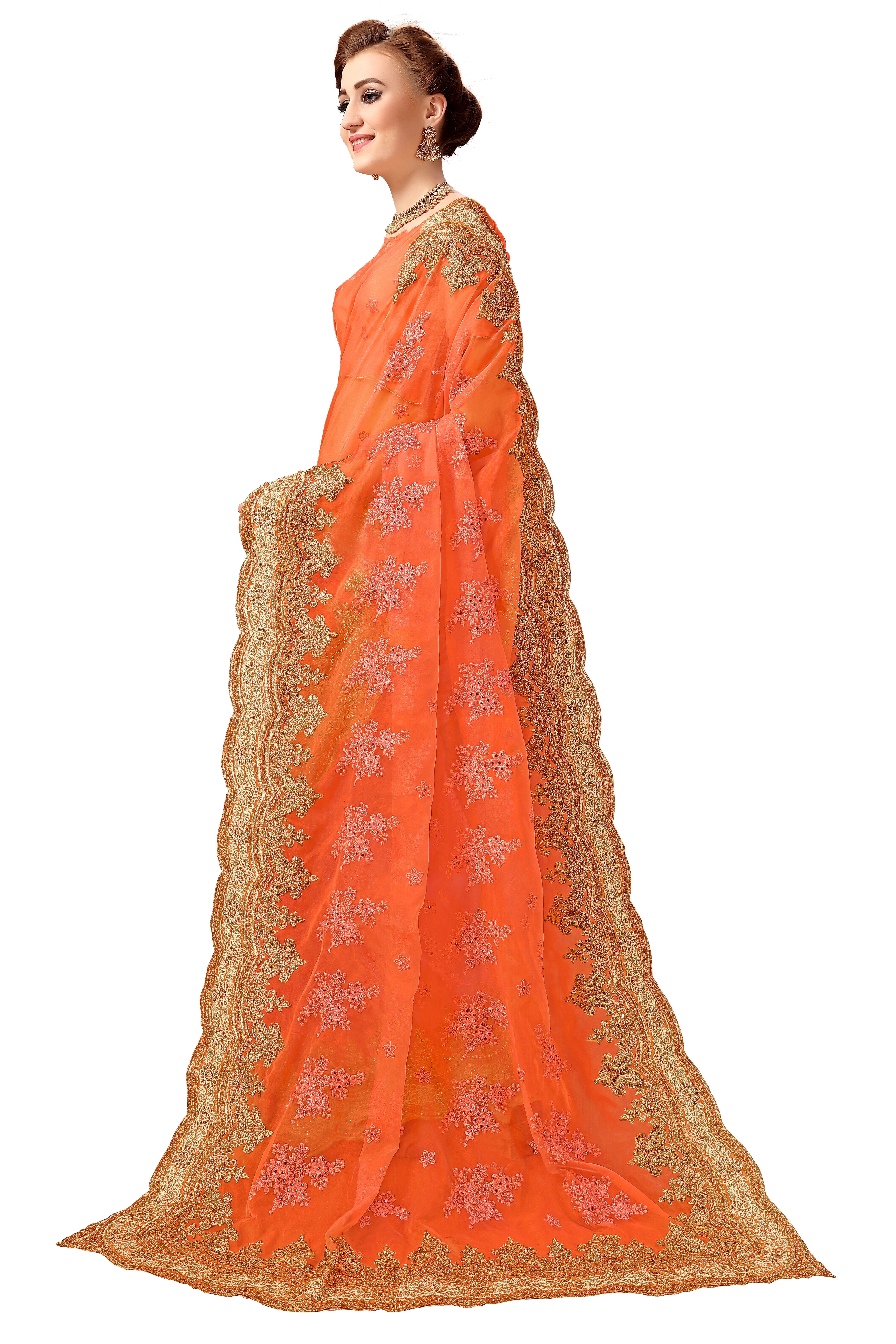 Traditional Heavy Embroidered Net Saree In Orange
