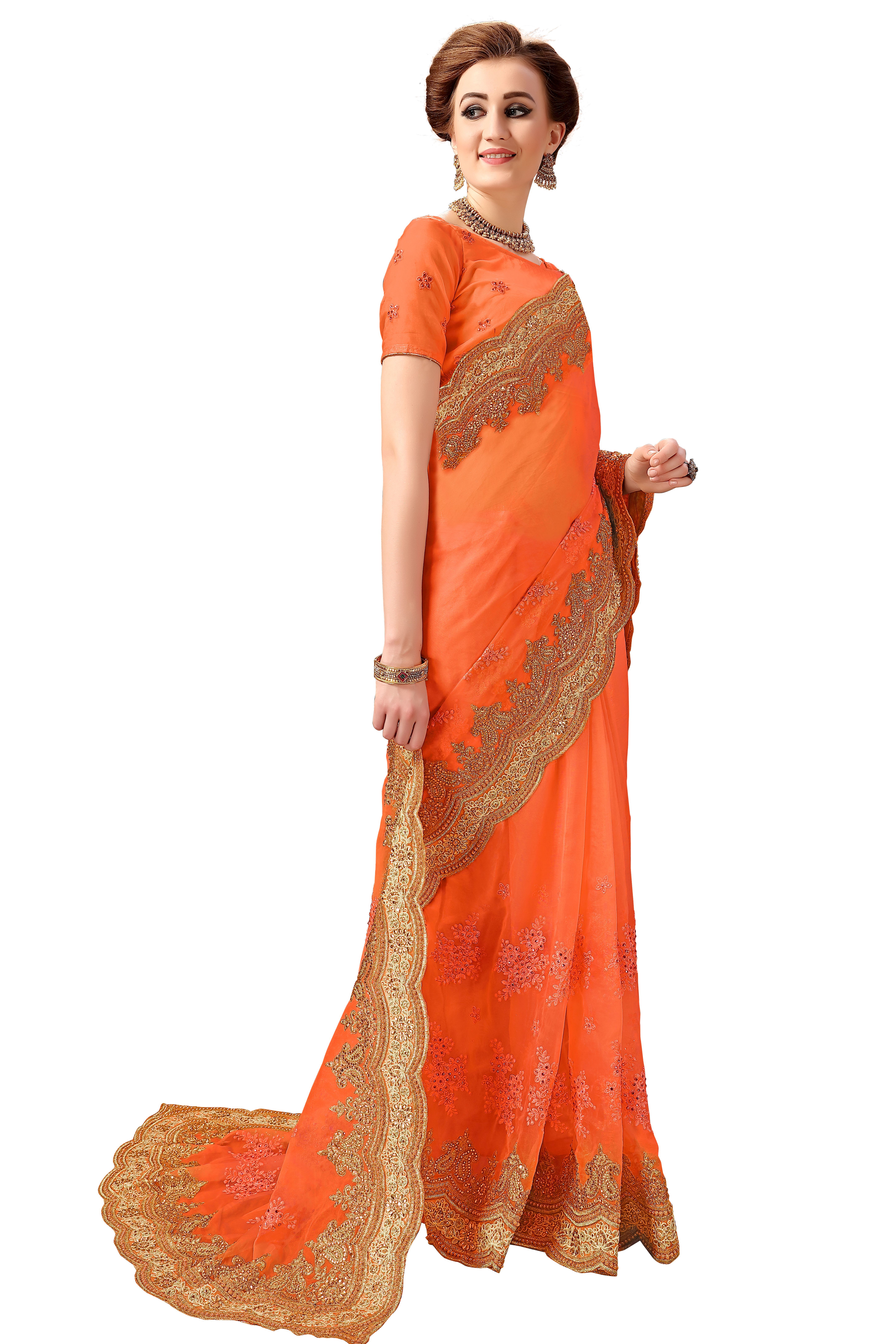 Traditional Heavy Embroidered Net Saree In Orange