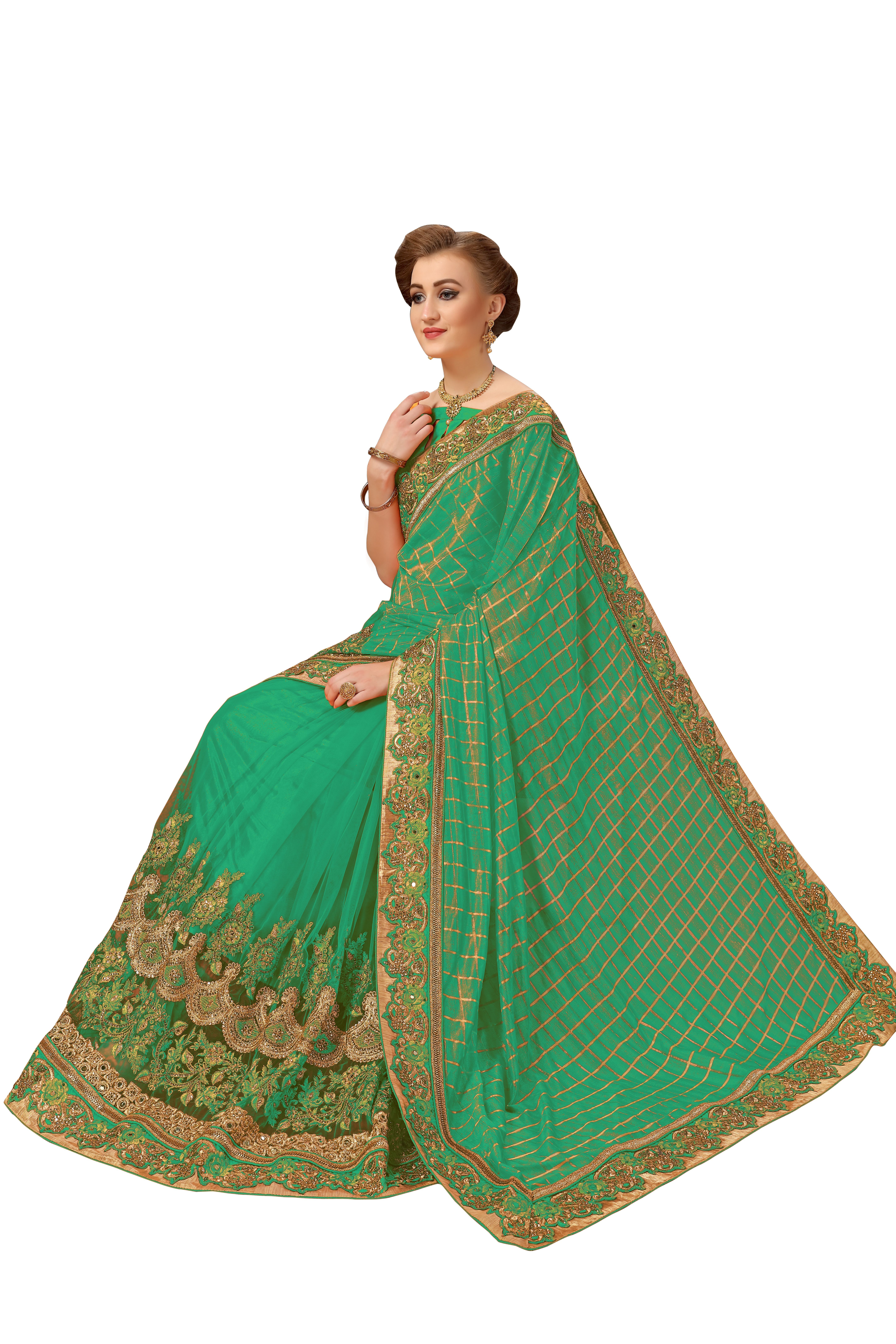 Embroidered Saree - Lycra And Net Fabric, 5.5 Mtr Length In Beige With Stone Work And Embellished Lace For Festive And Wedding Occasions