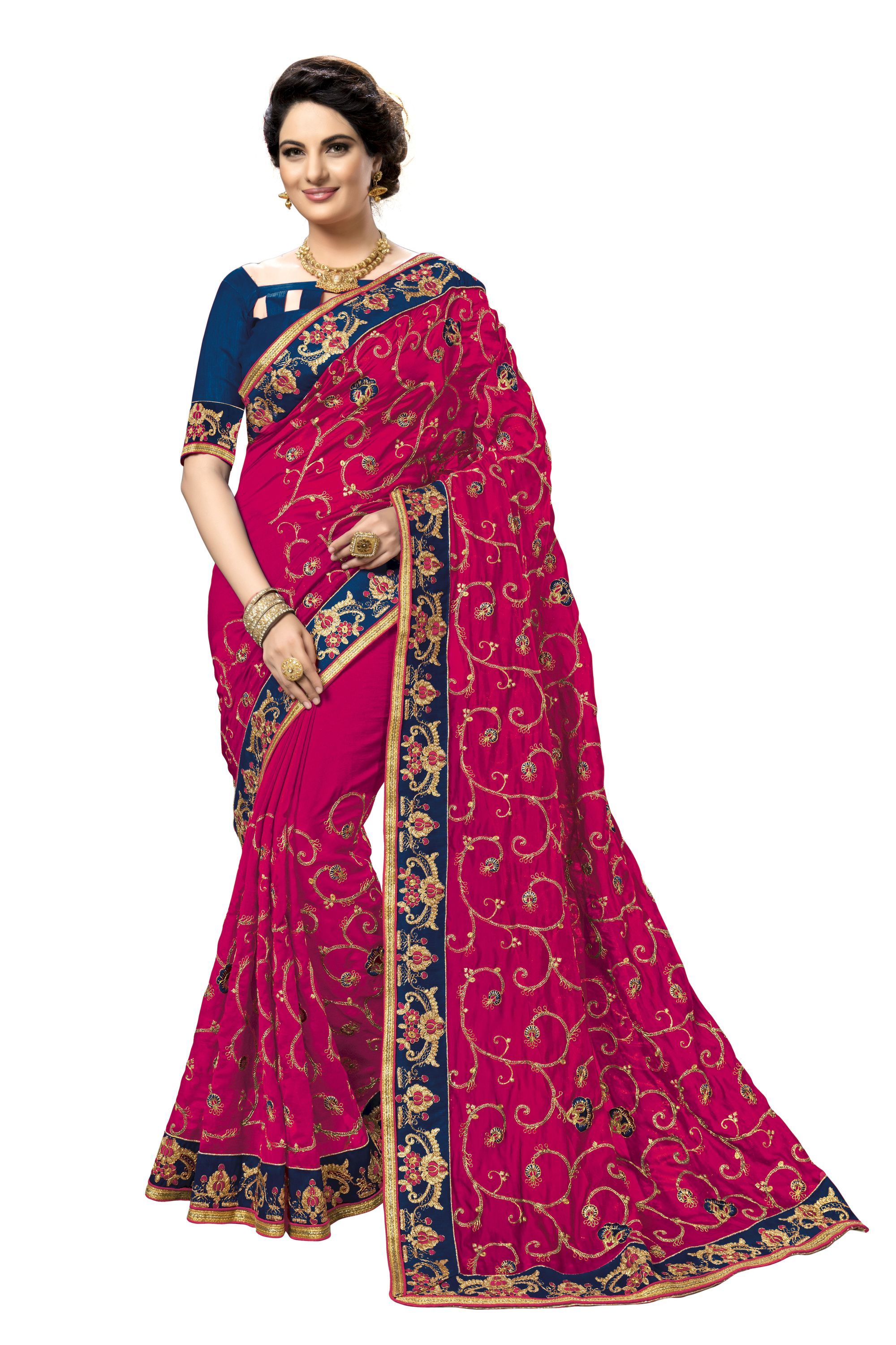 Blue Embroidered Satin Silk Saree Collection
