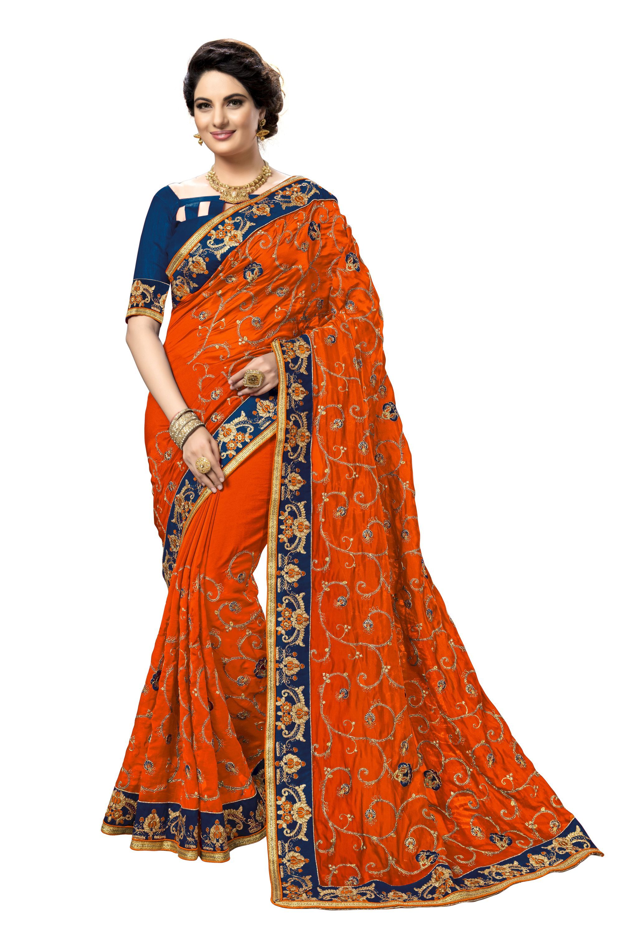 Blue Embroidered Satin Silk Saree Collection