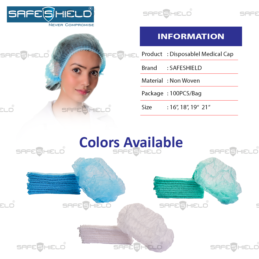 Disposable Bouffant Cap - Non-woven Material, Sizes 16'', 18'', 21'', Light Blue Color | Hygiene Safety, Disposable, Comfortable, Convenient