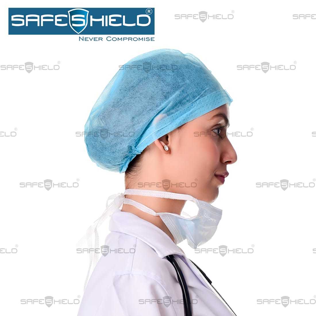 Disposable Surgeon Cap - Cotton, Polypropylene, Polyester | Free Size, Light Blue, Multi-layer, Hygiene Protection, 100pc/pack