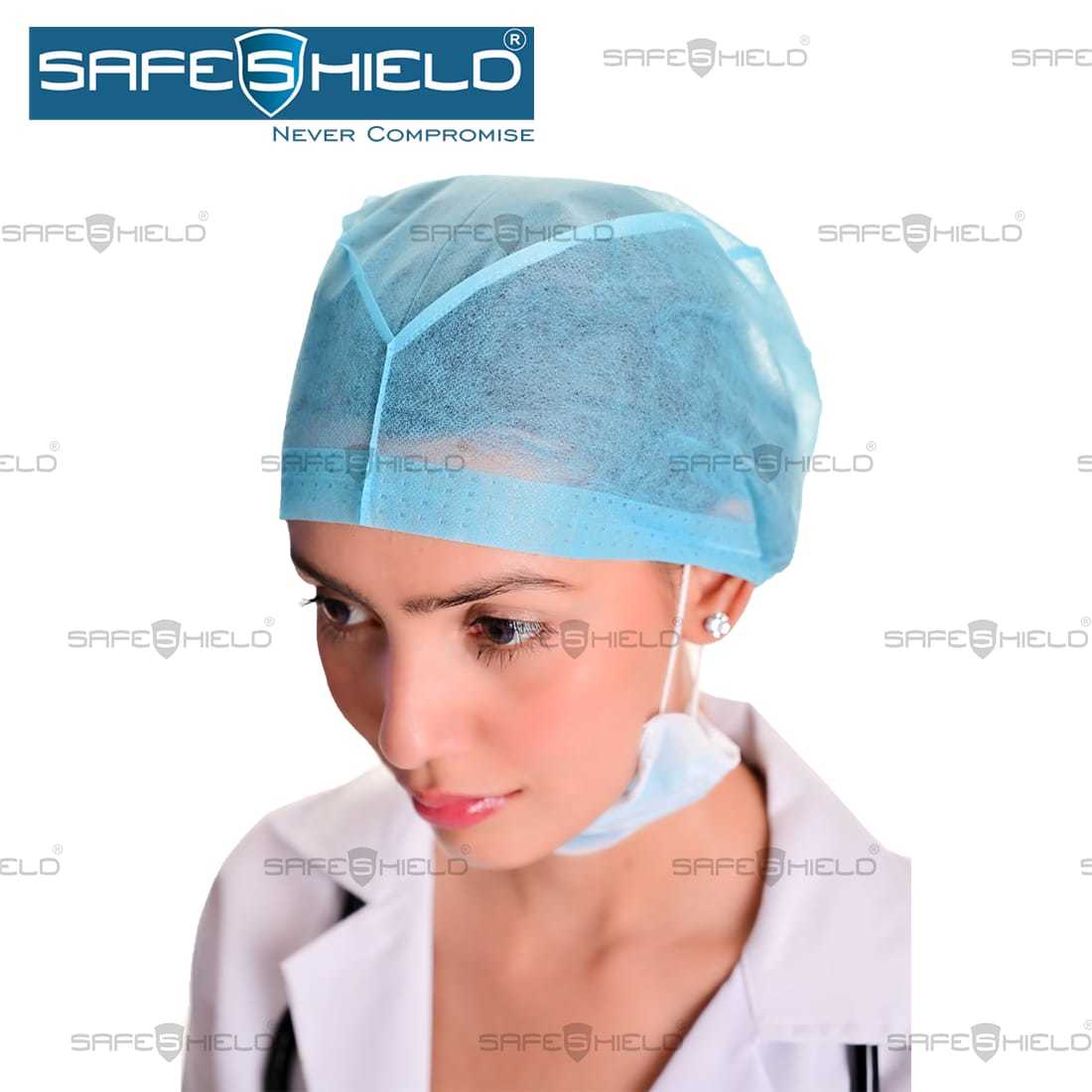 Disposable Surgeon Cap - Cotton, Polypropylene, Polyester | Free Size, Light Blue, Multi-layer, Hygiene Protection, 100pc/pack