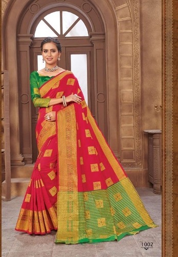 Heavy Silk Saree - Elegant Red Zari Border Butta, Unstitched Banglori Silk Blouse | Ideal for Traditional Occasions, Crafted with Quality Silk