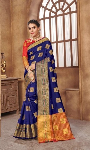 Heavy Silk Saree - Elegantly Crafted with Zari Border Butta, Unstitched Banglori Silk Blouse | Gorgeous Blue, Traditional Wear for All Seasons