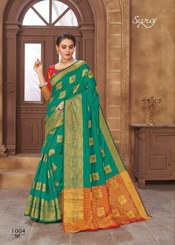 Cotton Silk Gorgeous Rama Green Zari Border Saree