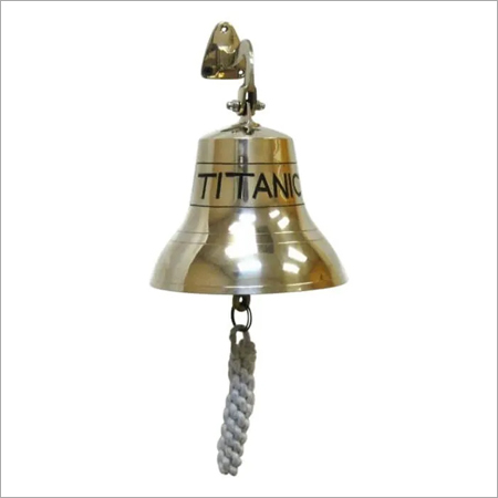 Solid Brass Engraved Bracket Bell Titanic - Golden Color, Hand Built, Hanging Style | Decorative Outdoor Marine Theme, White Braid