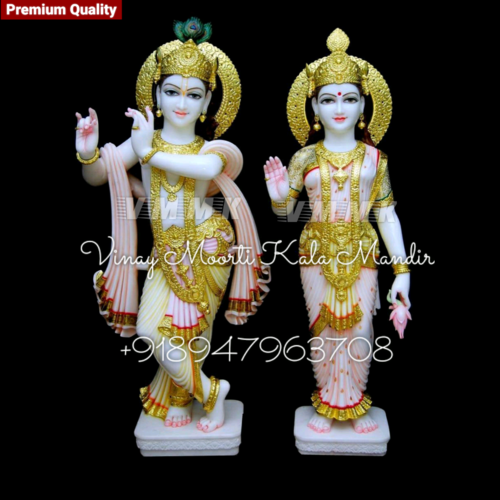 Marble Radha Krishna Statues - Makrana Marble, Customized Size, Multi-Color, Glossy Finish | Durable, Eco-Friendly, Easy to Clean, Polished Artistry