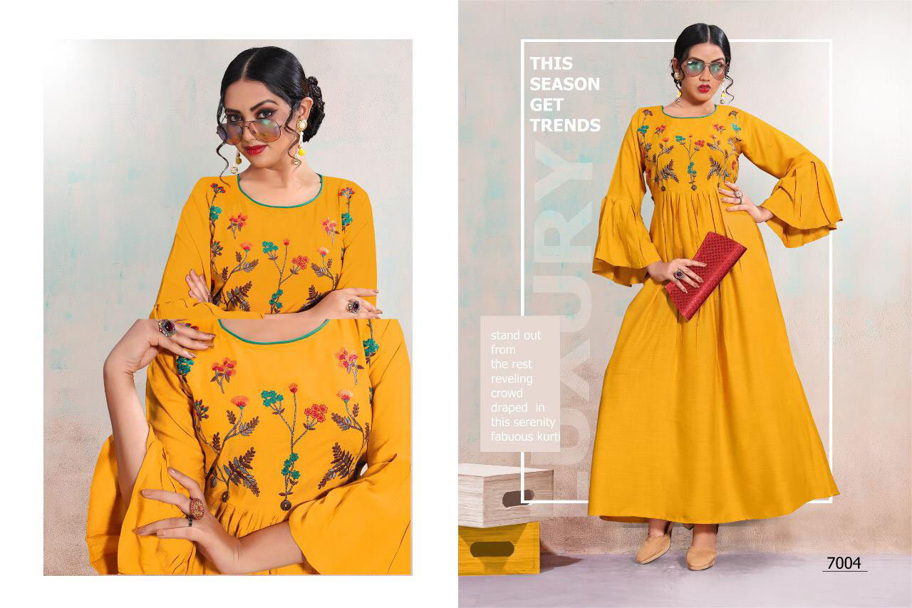 Spring Falguni 4u Fashion Rayon Flex Embroidery Kurti Traders