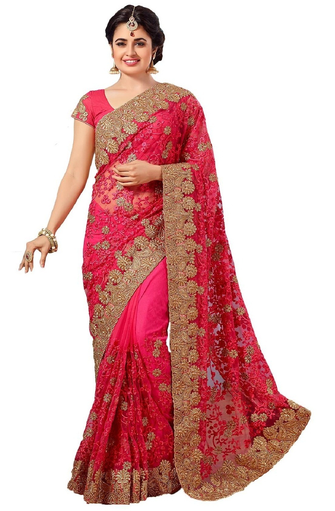 Beige Floral Embroidered Net Saree Collection