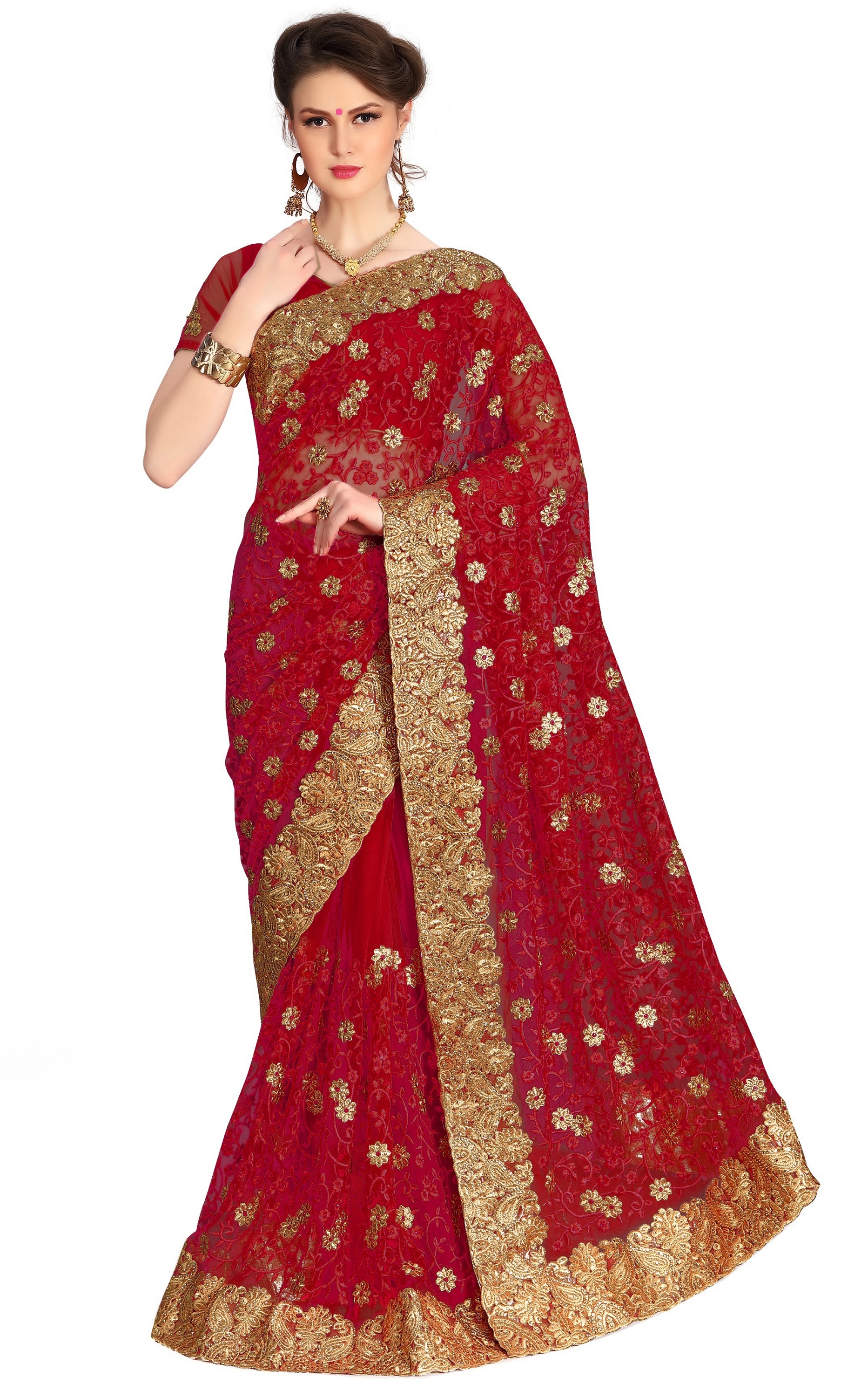 Beige Floral Embroidered Net Saree Collection