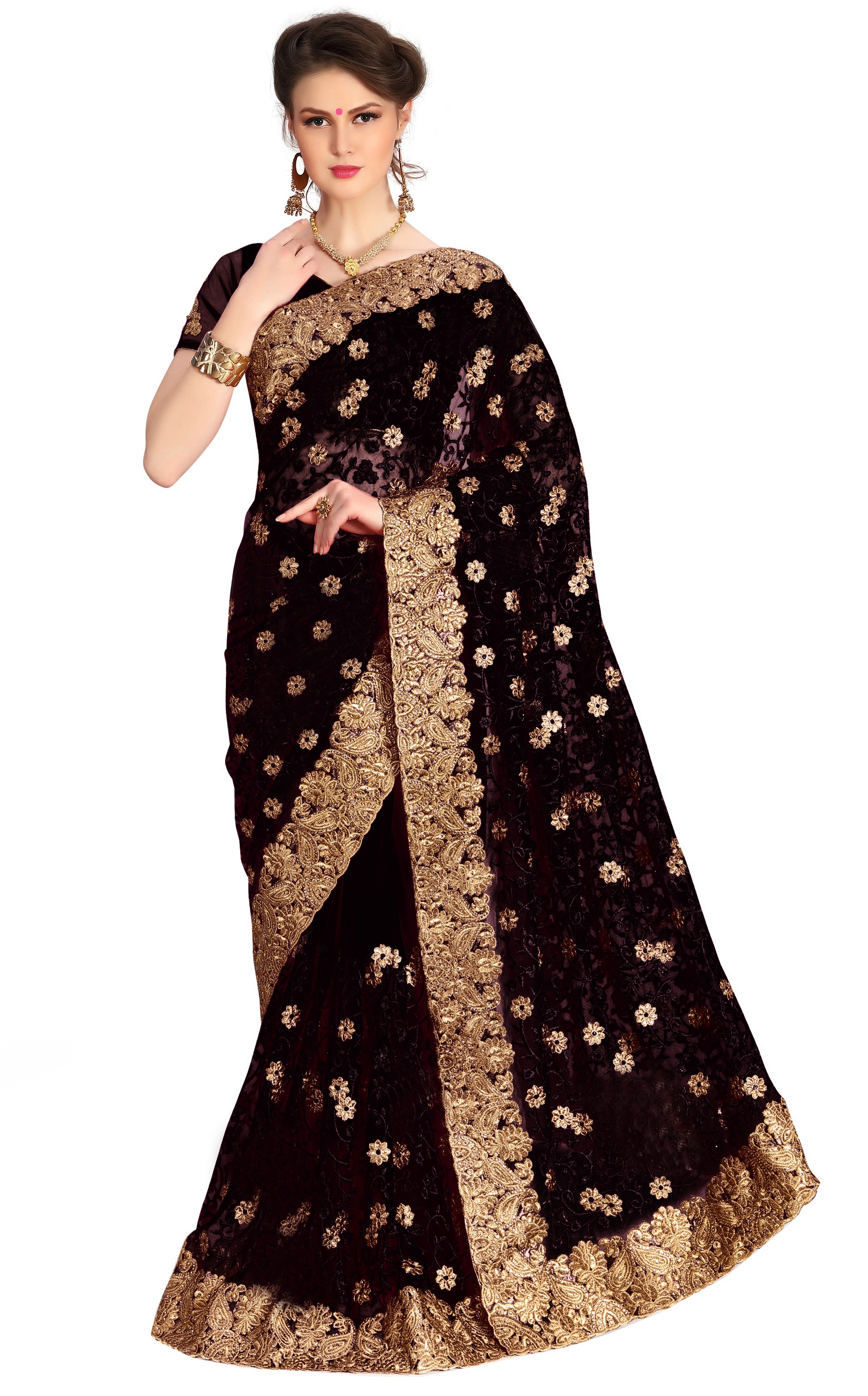 Beige Floral Embroidered Net Saree Collection