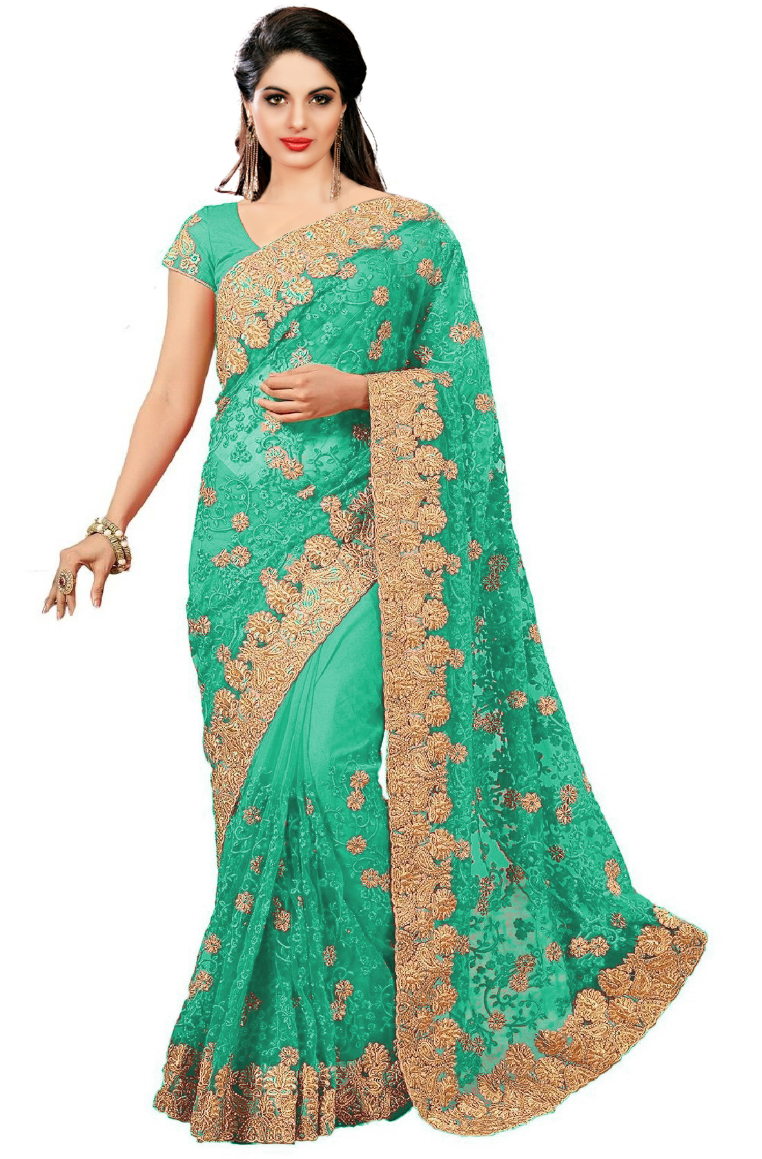 Beige Floral Embroidered Net Saree Collection