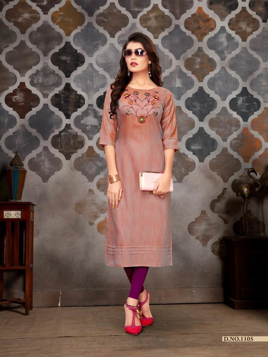 Fizzle Banwery Straight Silk Handwork Kurti Sets - Pure Disco Slub Silk Base, Sizes M(38) To Xxl(44), Length: 46" | Heavy Embroidery, Two-tone Fabric