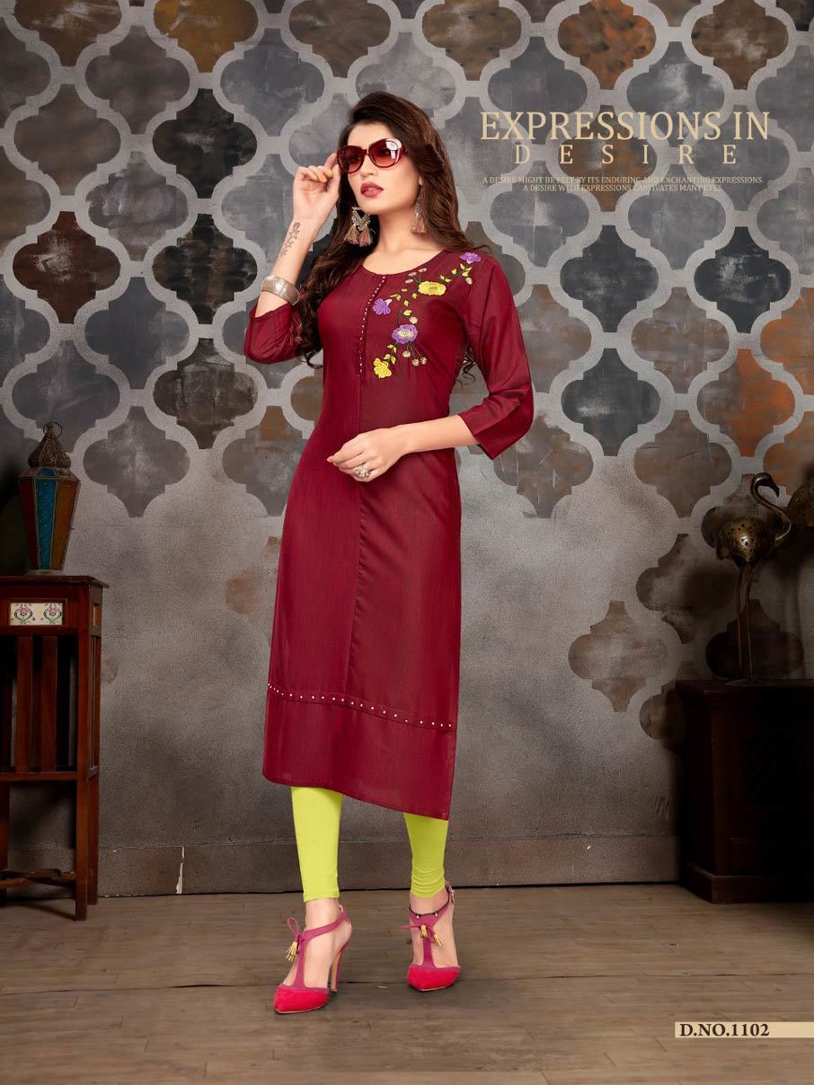 Fizzle Banwery Straight Silk Handwork Kurti Sets - Pure Disco Slub Silk Base, Sizes M(38) To Xxl(44), Length: 46" | Heavy Embroidery, Two-tone Fabric