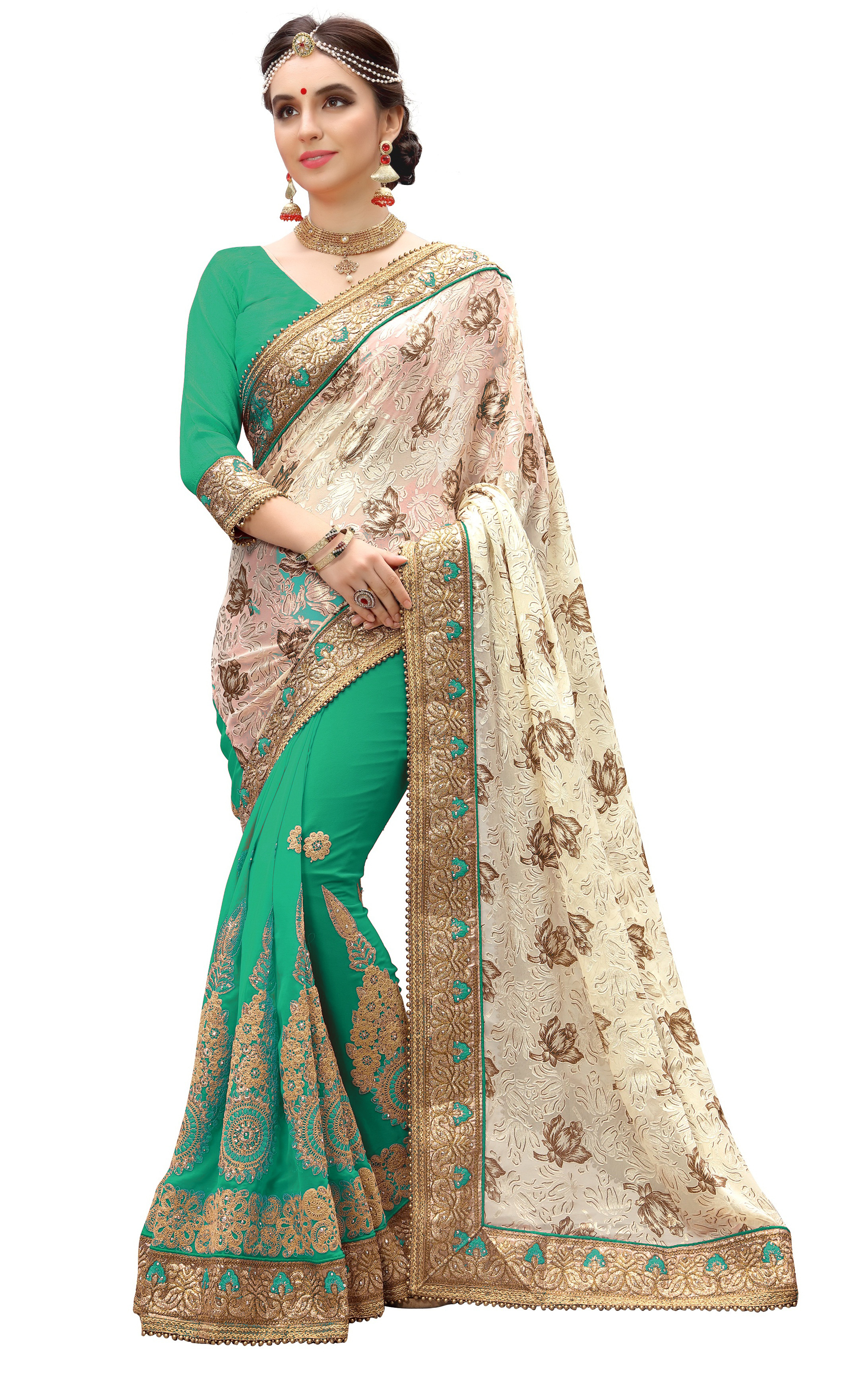 Multicolor Floral Brasso & Georgette Embroidered Saree