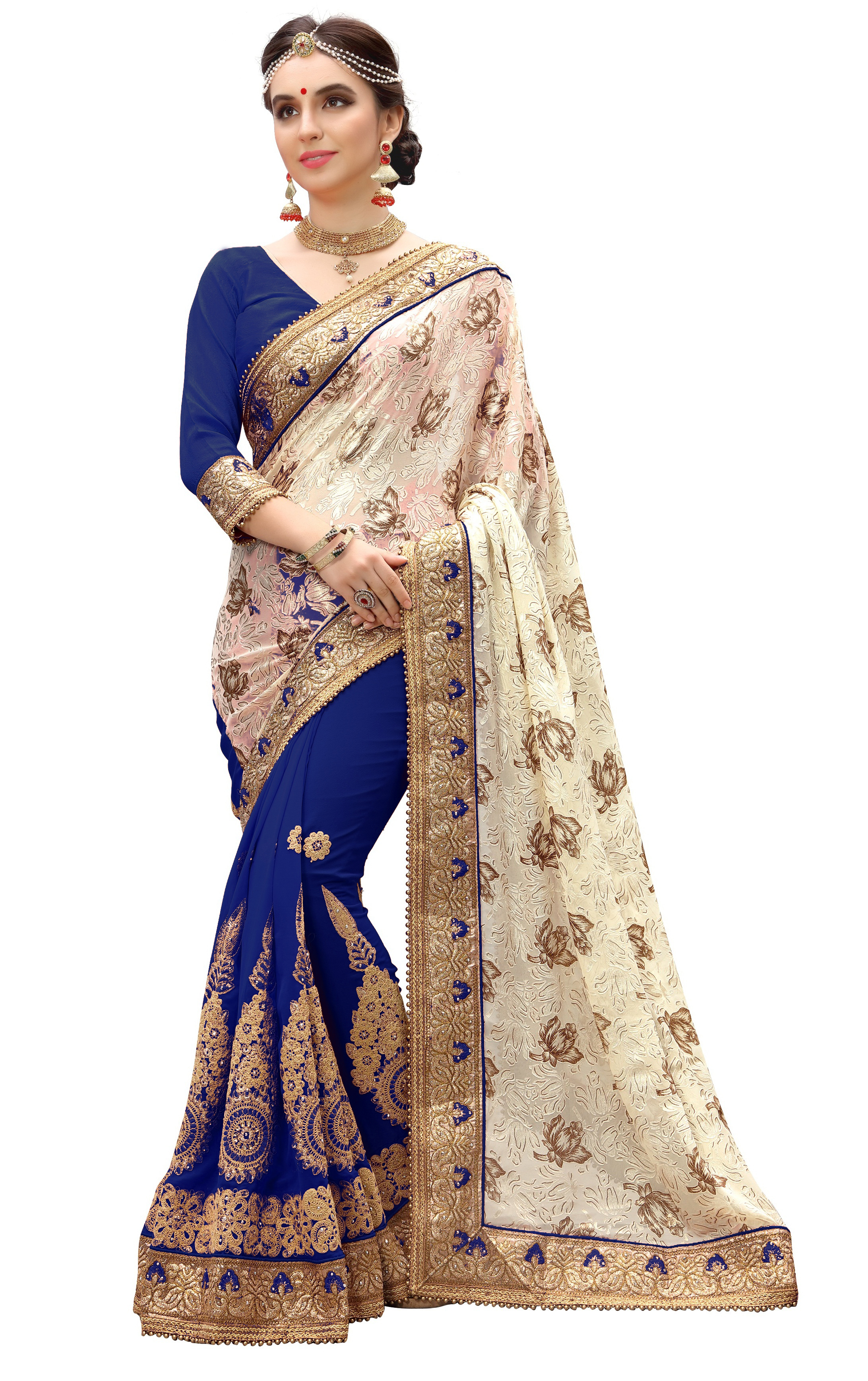 Multicolor Floral Brasso & Georgette Embroidered Saree