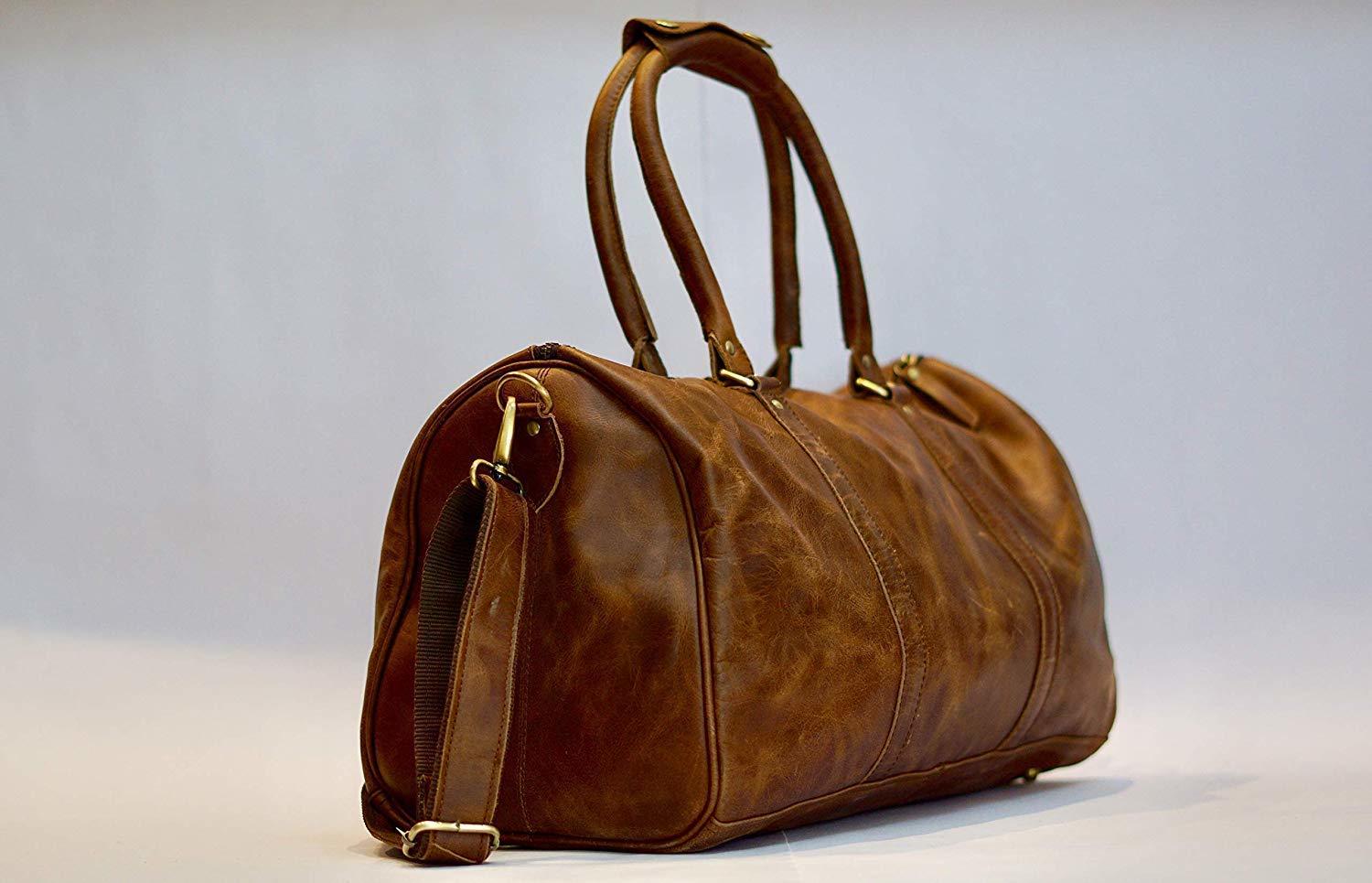 Prastara Genuine Leather Weekender Duffel Bag For Travel For Men And Women 24 * 10 * 10 Inch Brown Travel Duffel Design: 1 Closure Compartment