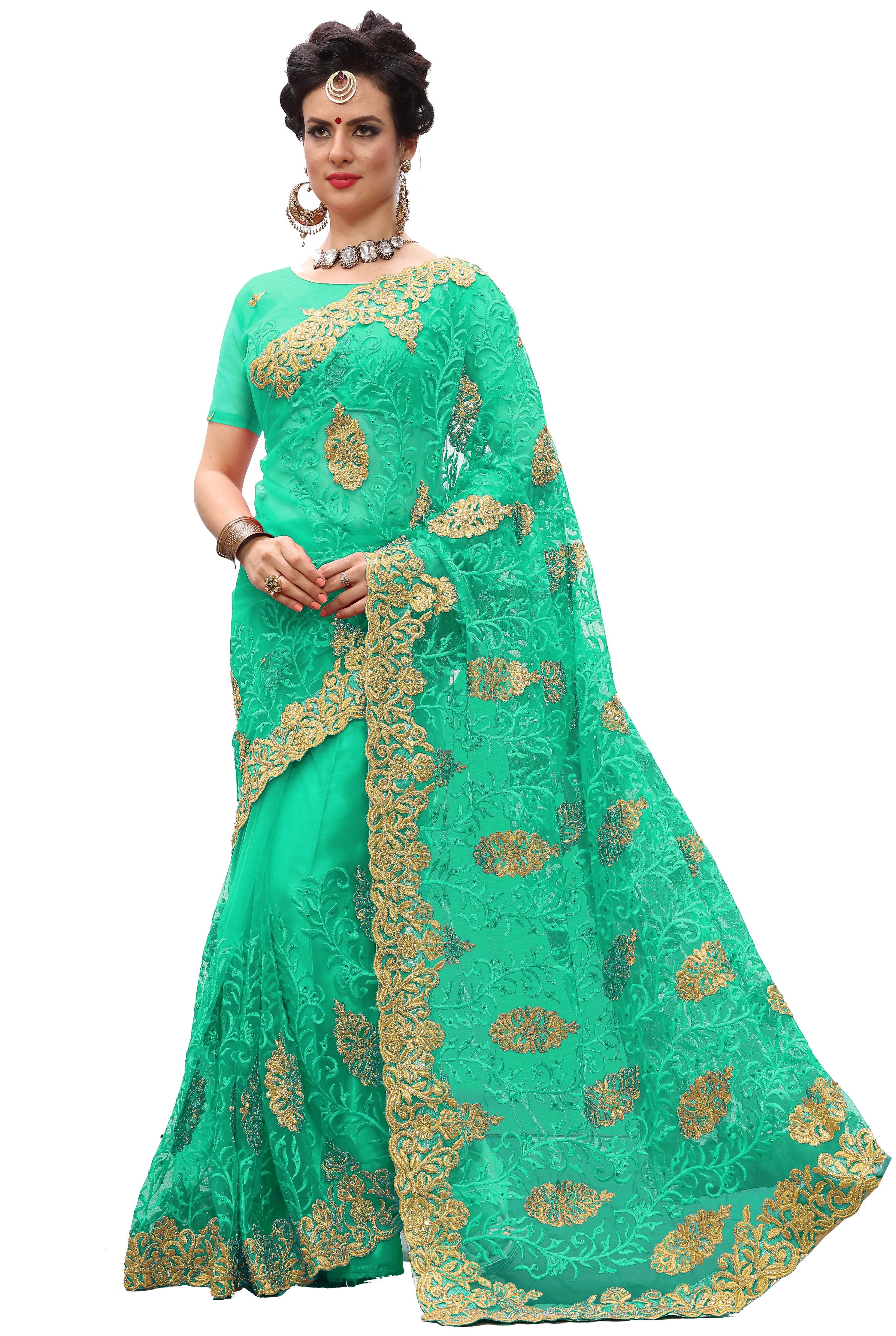 Heavy Embroidered Net Saree - 5.5 Mtr Length, Unstitched Blouse 0.80 Mtr | Blue Color, Festive Wear, Bollywood Style, Stone Work