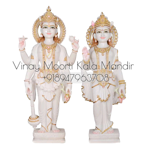 Marble Lakshmi Narayan Statue - Multicolor Painted Finish | Durable, Eco-Friendly, Easy to Clean, Handmade by Hammering, Temple Theme