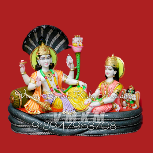 Vishnu Lakshmi Marble Statue - Painted Multicolor, Durable And Easy To Clean Design For Worship