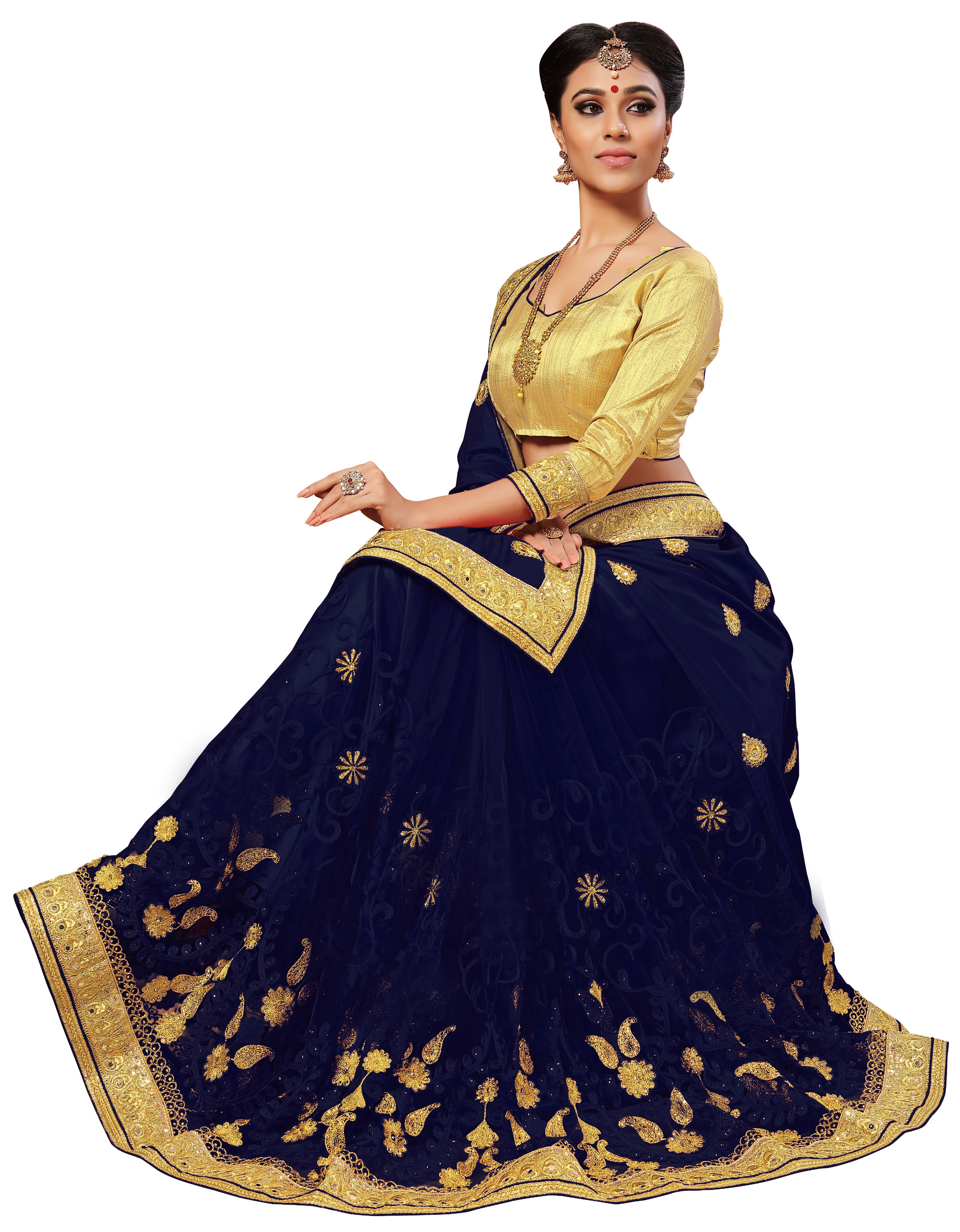 Silk & Net Embroidered Saree - 5.5 Mtr Length, Multicolor Geometric Design | Unstitched Brocade Blouse With Mirror & Thread Work