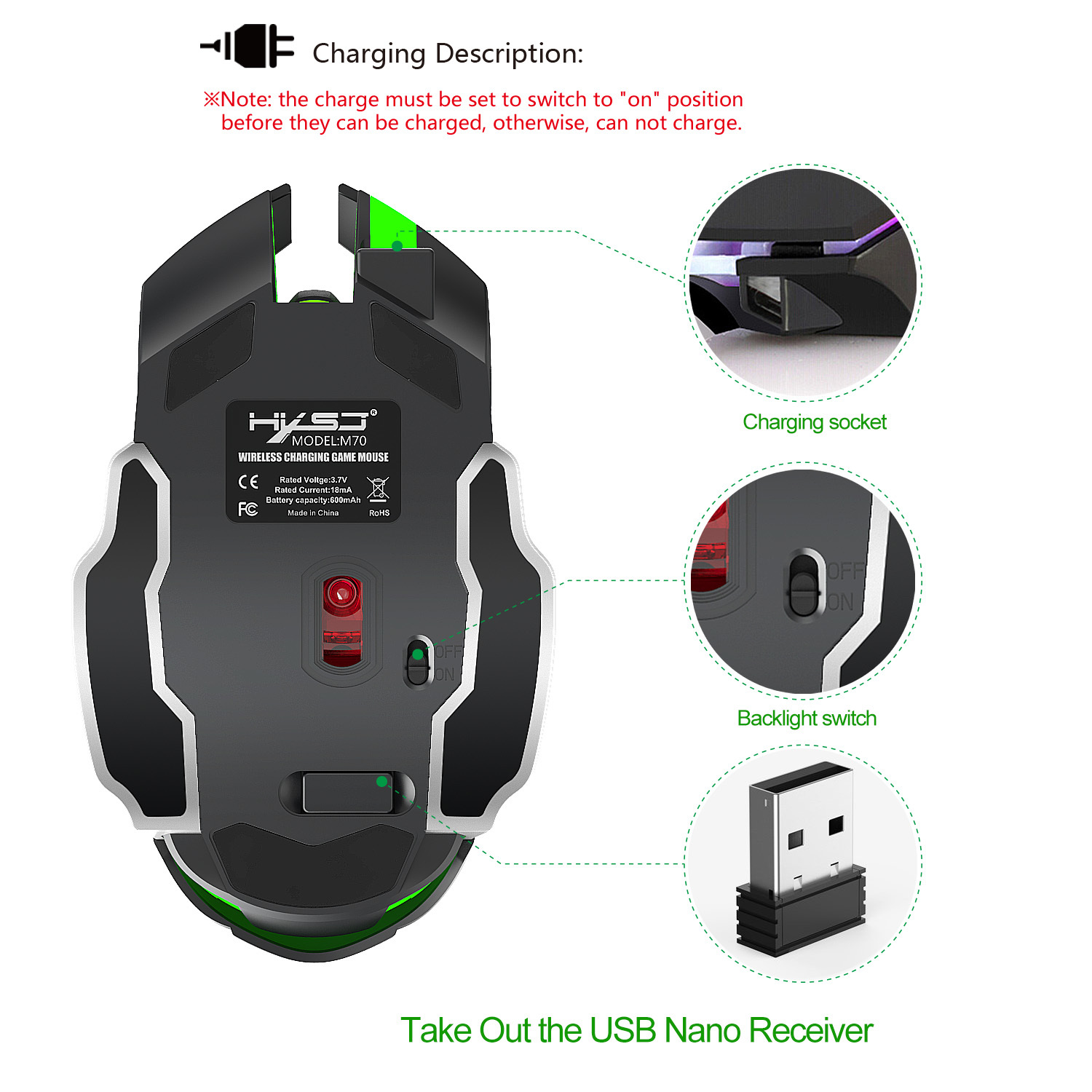 M70 Wireless Gaming Mouse, Ergonomic Surface To Reduce Hand Fatigue Built-in Rechargeable Battery Capacity Can Reach 600 Ma.