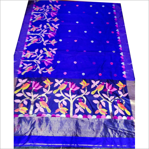 रसुम मोस्लिन जमदलनी साड़ी गोल्डन जरी स्काई ब्लू