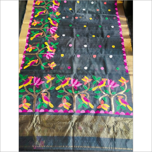 Available In Various Color Moslin Jamdalni Saree Golden Jari Black Colour