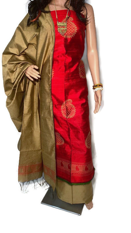 Pure Dupion Raw Silk Full Suit Set 2.5 Mtrs Each - Traditional Ethnic Indian Dress, Plain Silk Design For All Seasons, Autumn To Winter
