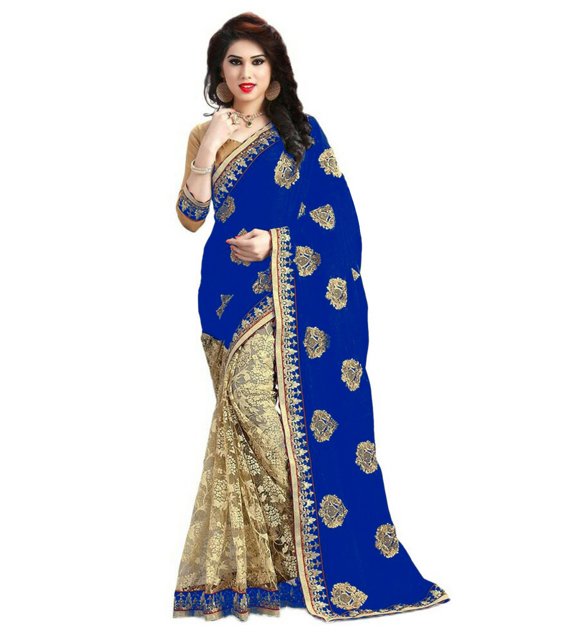 Georgette & Rasal Net Embroidery Saree - 5.5 Mtrs Length, Black & Blue Options | Festive Occasion, Bollywood Style, Stone Work Embellishments
