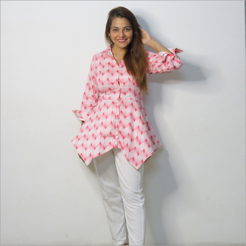 Pink-white Ladies Designer Long Top With Pant