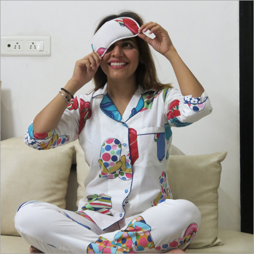 Ladies Night Suit & Eye Mask Combo Set - Cotton, Short Sleeves, Ivory White | Trendy Printed Design, Embroidered Detailing, Perfect For Summer
