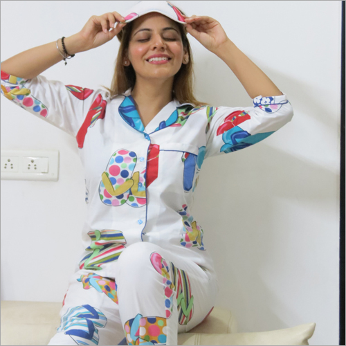 Ladies Night Suit & Eye Mask Combo Set - Cotton, Short Sleeves, Ivory White | Trendy Printed Design, Embroidered Detailing, Perfect For Summer