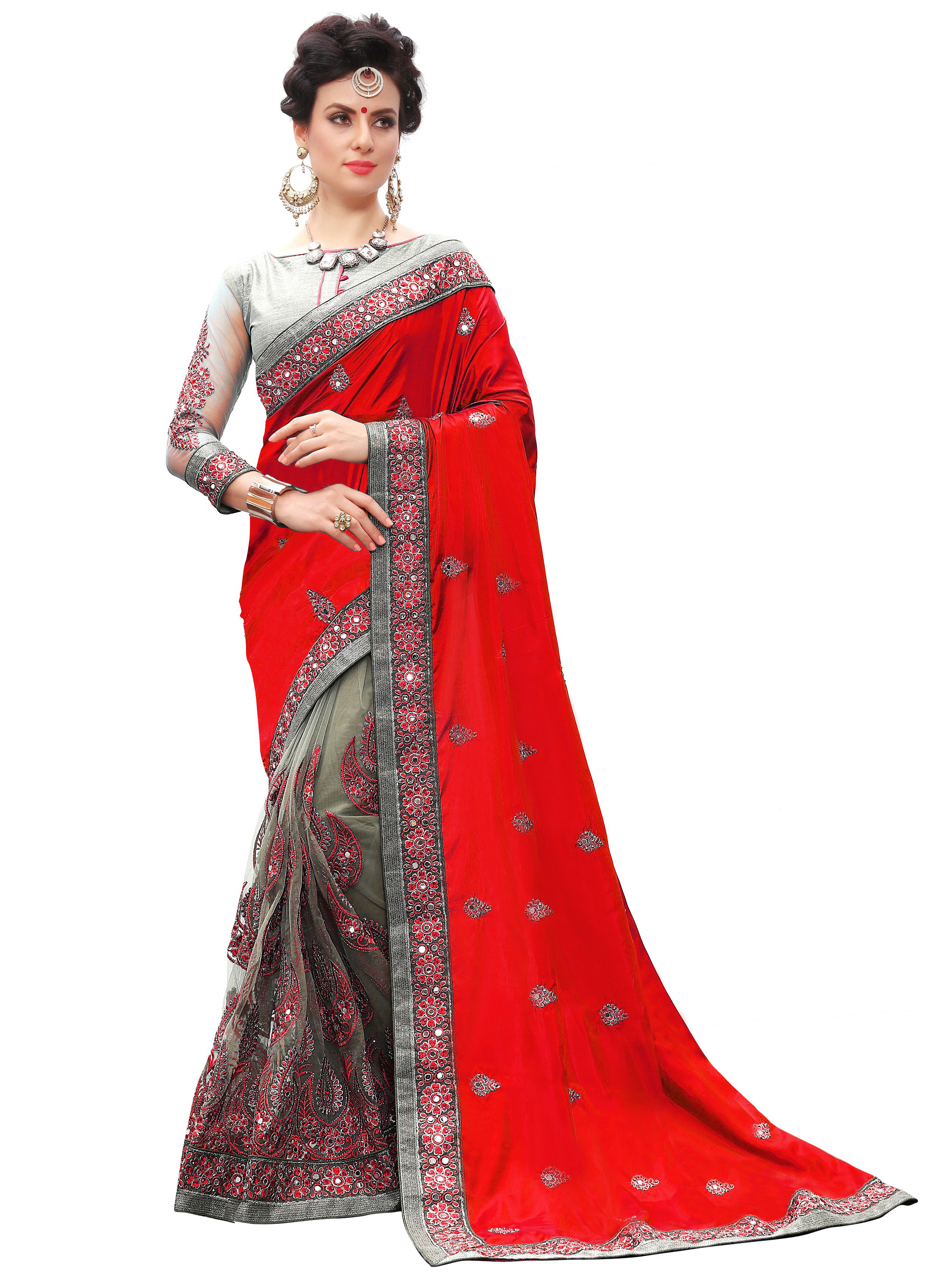 Red Designer Embroidered Lycra Saree Collection