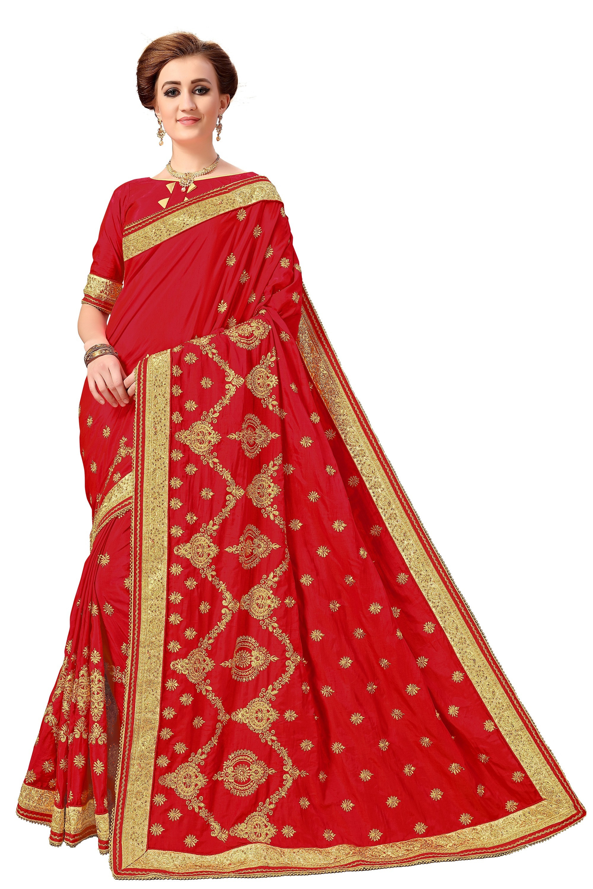 Embroidered Silk Saree - 5.5 Mtr Length With 0.8 Mtr Blouse | Heavy Embroidery, Stone Work, Suitable For Festive, Party & Wedding Occasions