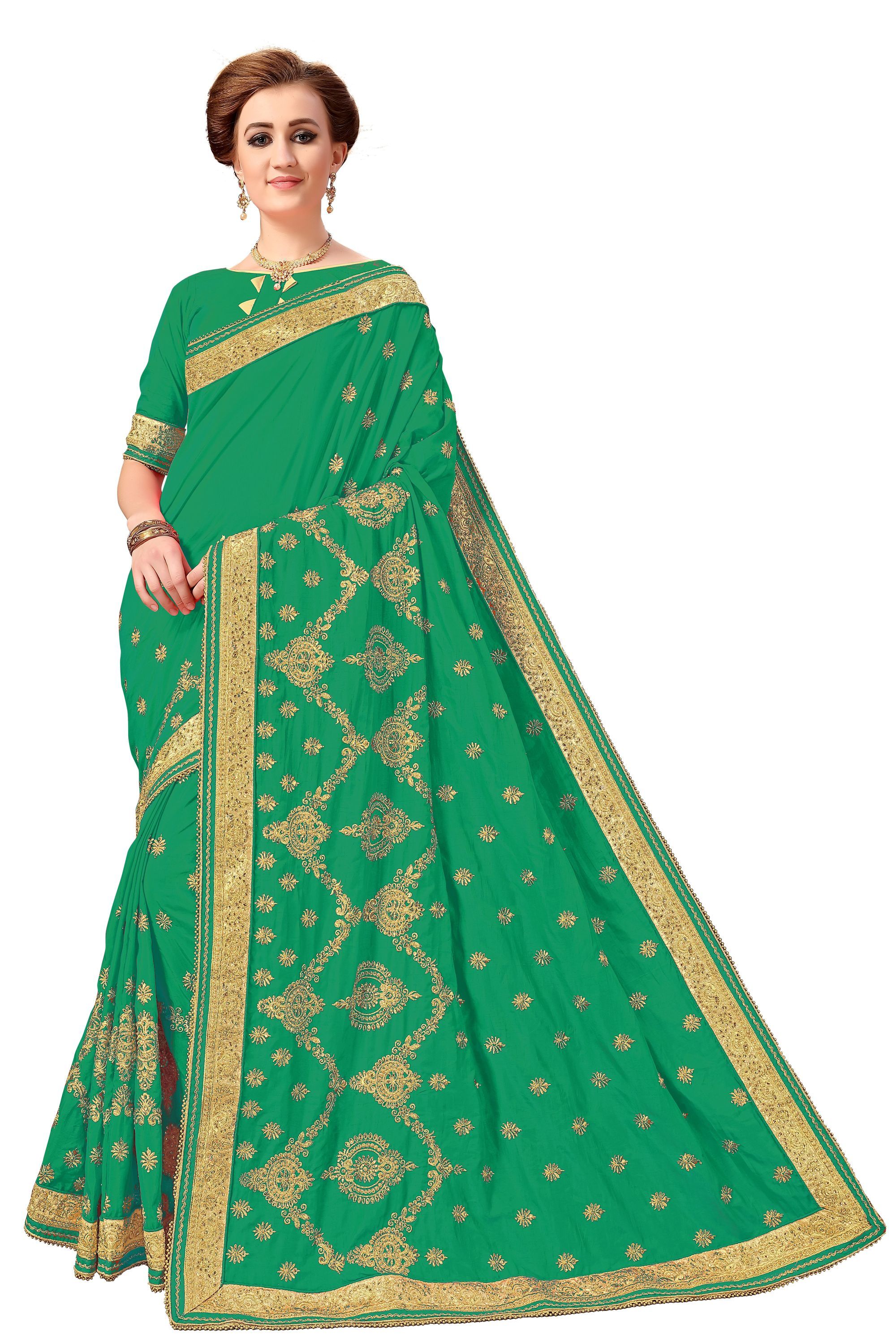 Embroidered Silk Saree - 5.5 Mtr Length With 0.8 Mtr Blouse | Heavy Embroidery, Stone Work, Suitable For Festive, Party & Wedding Occasions