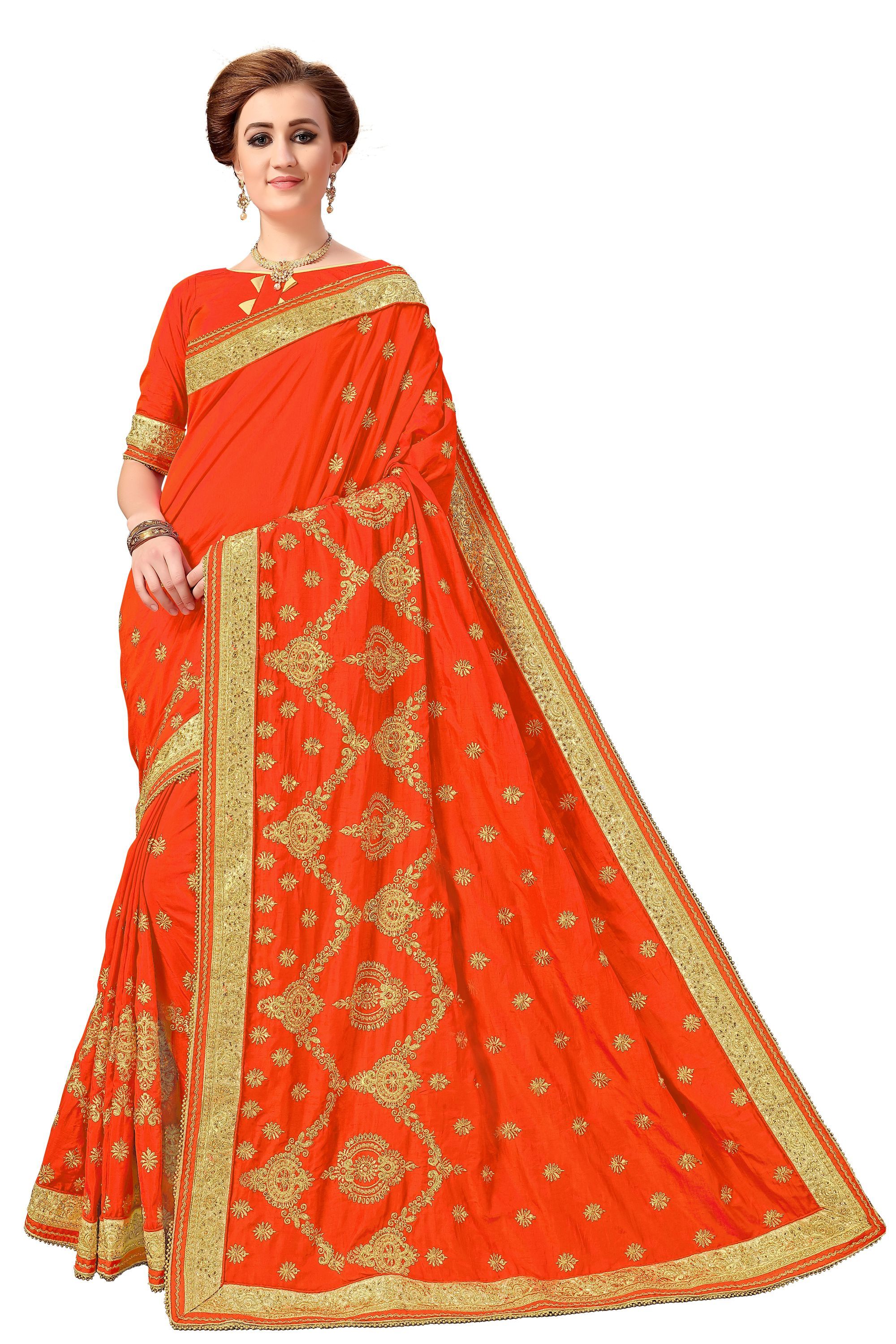 Embroidered Silk Saree - 5.5 Mtr Length With 0.8 Mtr Blouse | Heavy Embroidery, Stone Work, Suitable For Festive, Party & Wedding Occasions
