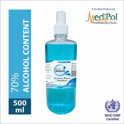 500 ML Detoxie Instant Liquid Hand Sanitizer - Alcohol I.P. 70% v/v Gel, Blue | Kills 99.9% Germs Quickly, Softens Hands, For All Ages