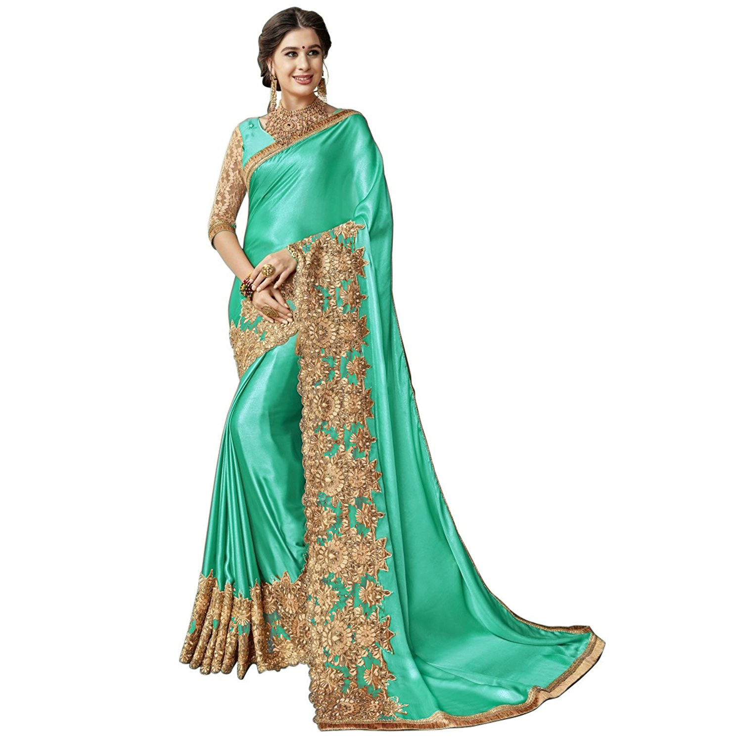 Heavy Embroidered Border Lycra Saree - 5.5 Mtr Length, Golden Color, Dupion Silk Blouse | Resam Embroidery, Perfect For Festive Occasions And Weddings