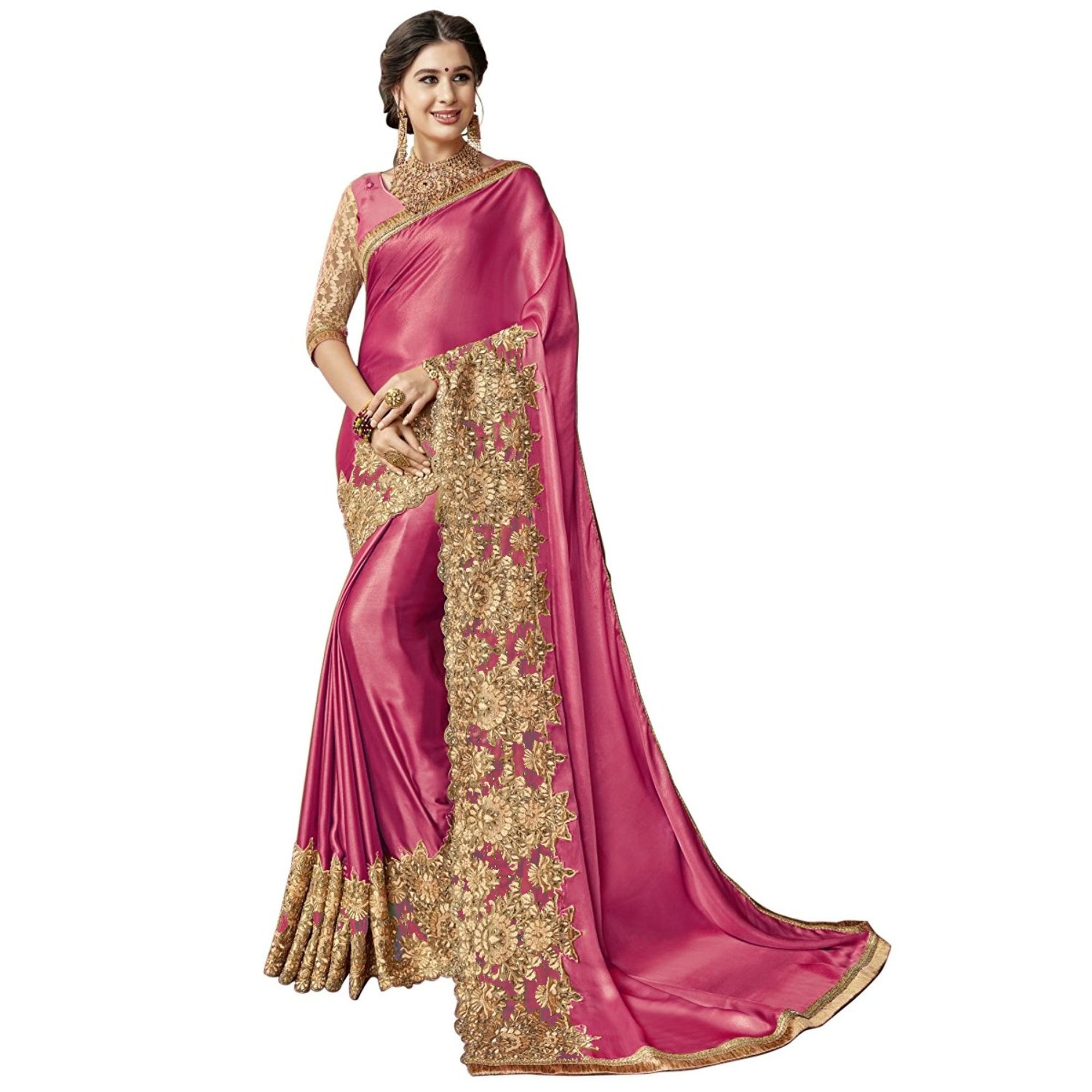 Heavy Embroidered Border Lycra Saree - 5.5 Mtr Length, Golden Color, Dupion Silk Blouse | Resam Embroidery, Perfect For Festive Occasions And Weddings
