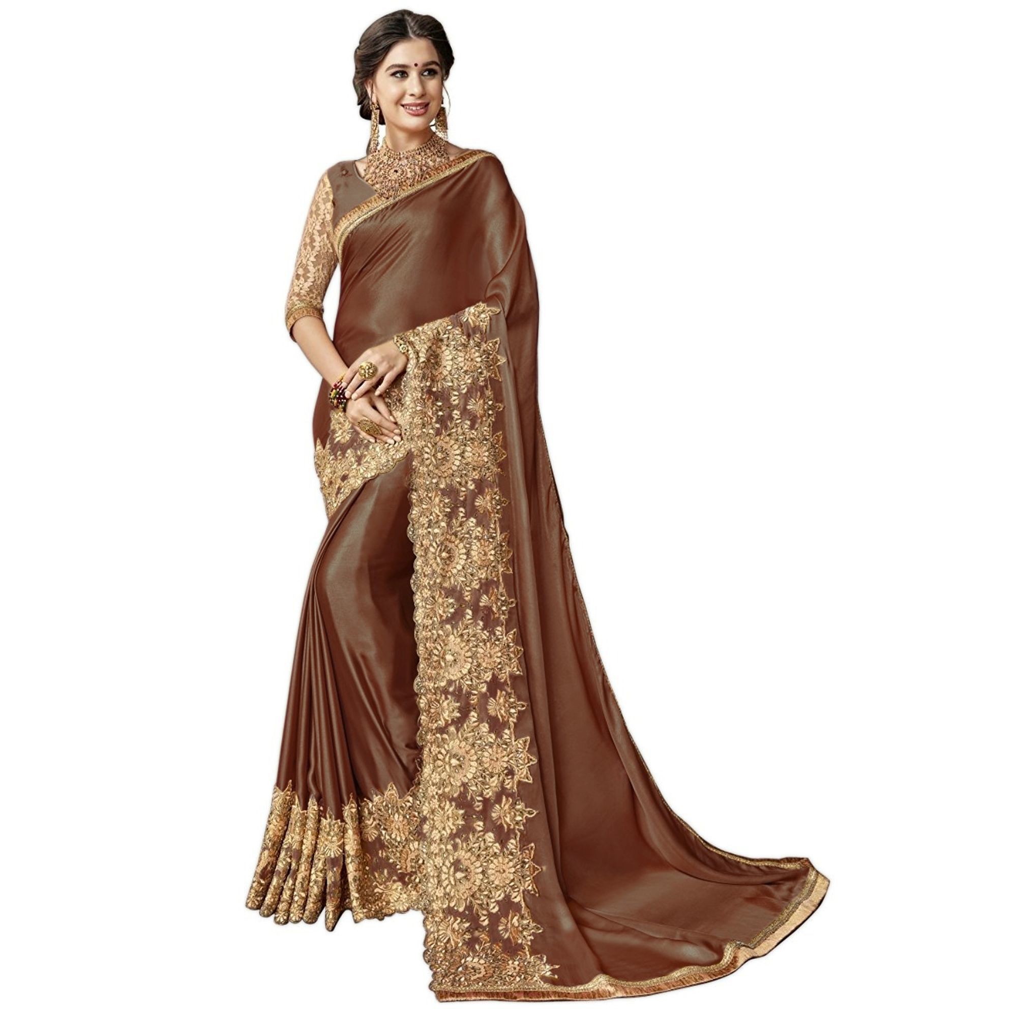 Heavy Embroidered Border Lycra Saree - 5.5 Mtr Length, Golden Color, Dupion Silk Blouse | Resam Embroidery, Perfect For Festive Occasions And Weddings