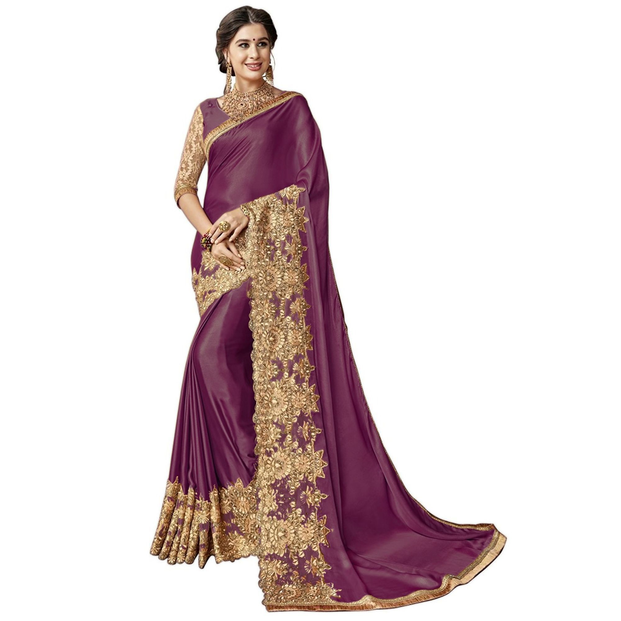 Heavy Embroidered Border Lycra Saree - 5.5 Mtr Length, Golden Color, Dupion Silk Blouse | Resam Embroidery, Perfect For Festive Occasions And Weddings