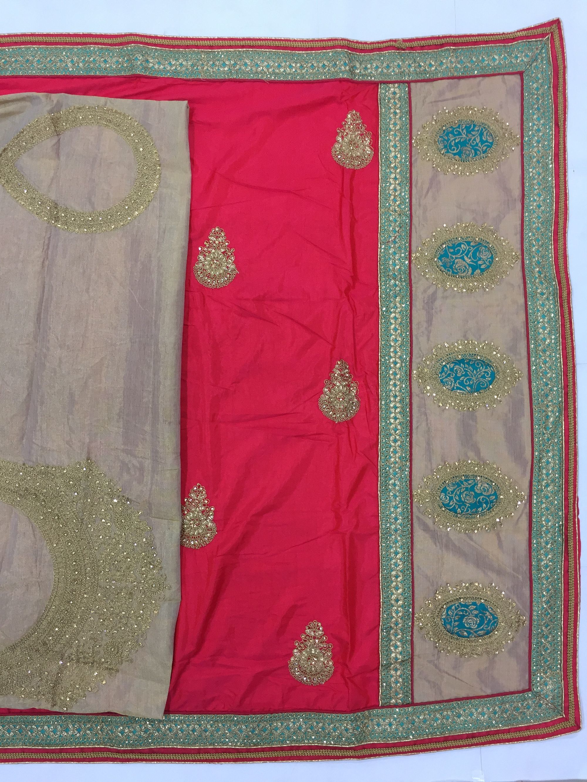 Red And Golden And Blue Fancy Embroidered Silk Saree Collection