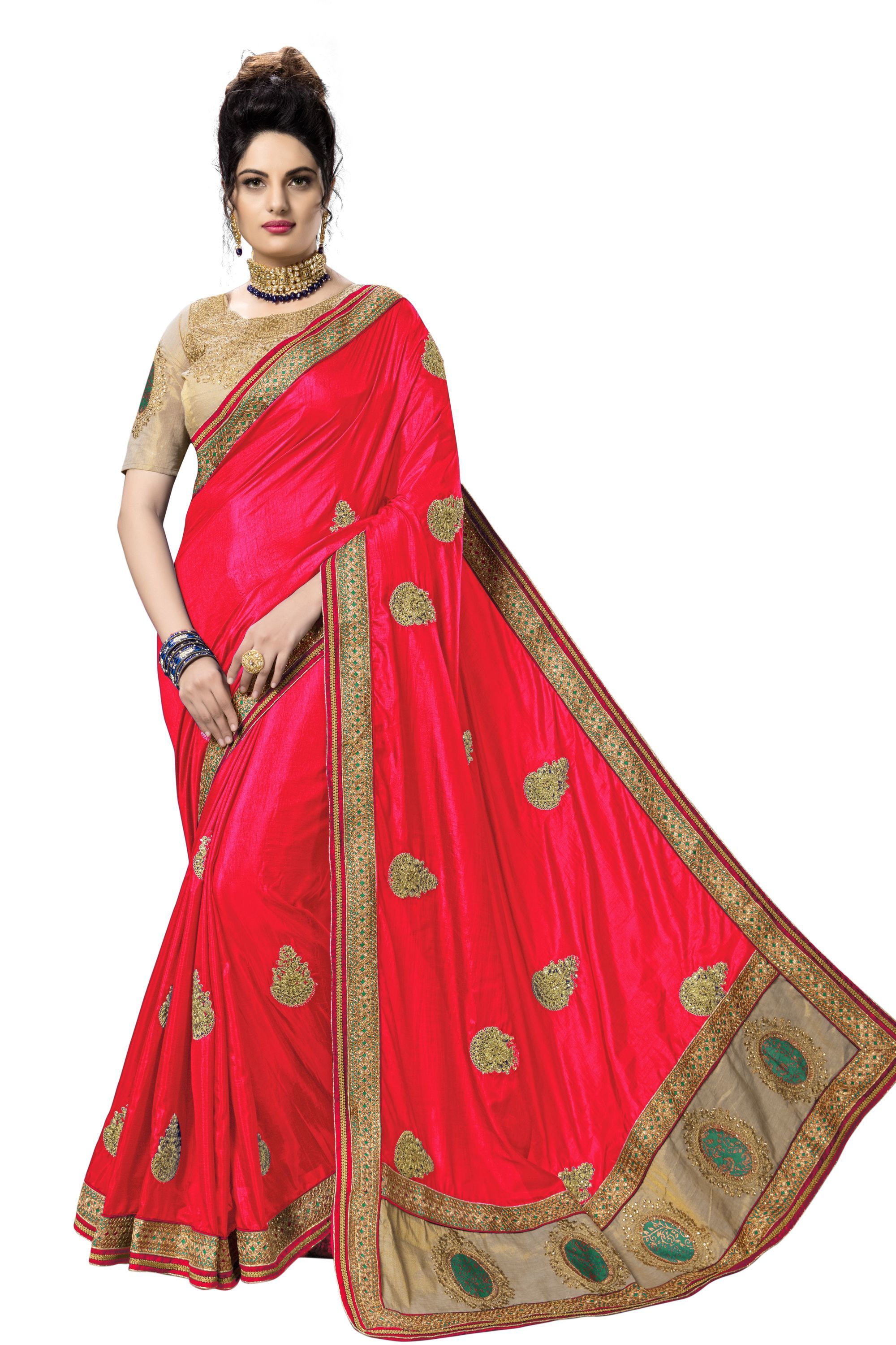 Red And Golden And Blue Fancy Embroidered Silk Saree Collection